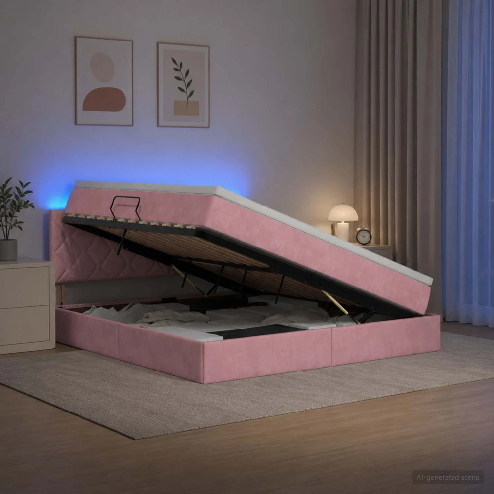 LED saugojimo lova su čiužiniu Rožinė 180 x 200 cm Aksomas