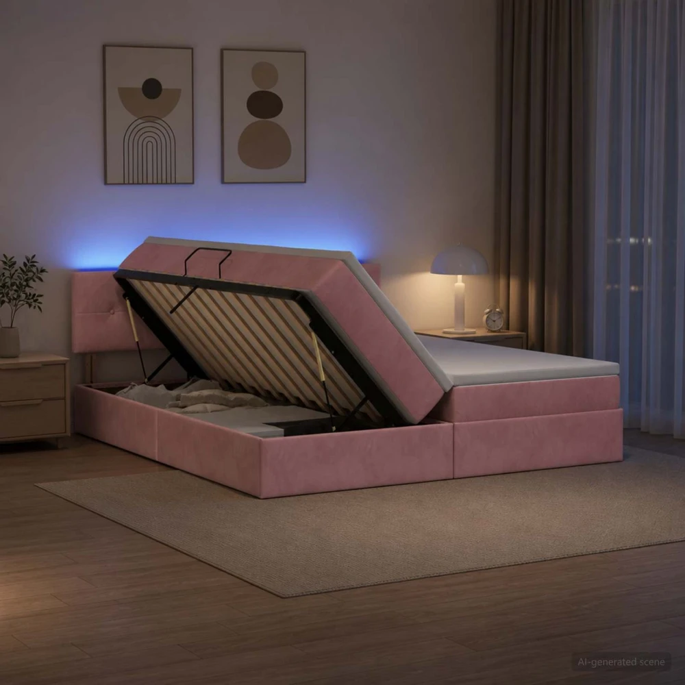 LED saugojimo lova su čiužiniu Rožinė 180 x 200 cm Aksomas
