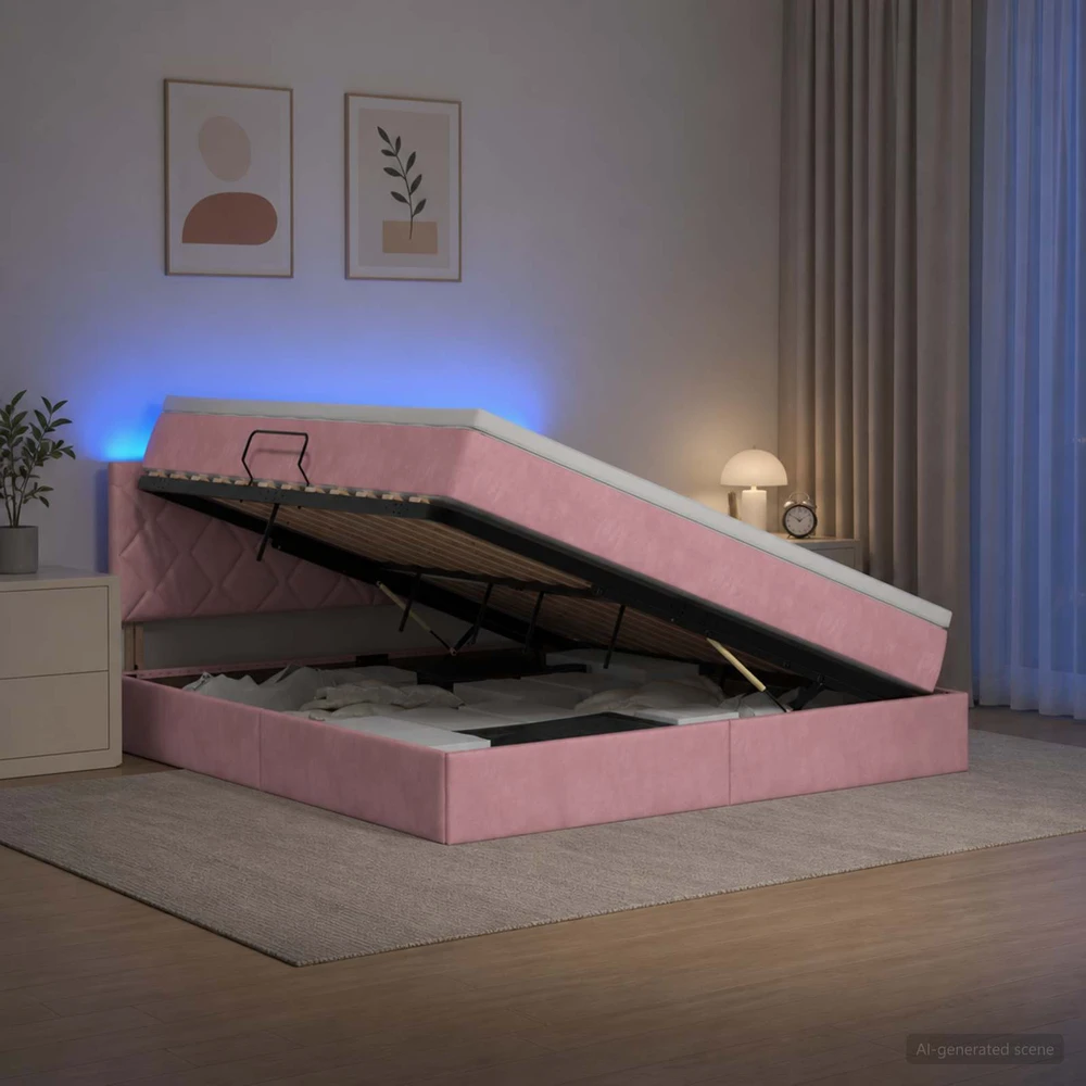 LED saugojimo lova su čiužiniu Rožinė 180 x 200 cm Aksomas