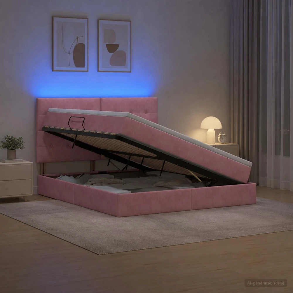 LED saugojimo lova su čiužiniu Rožinė 180 x 200 cm Aksomas