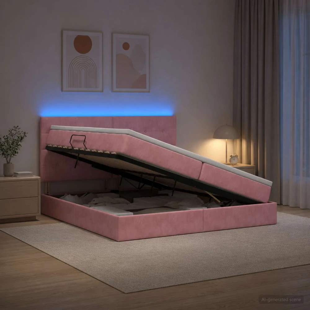 LED saugojimo lova su čiužiniu Rožinė 200 x 200 cm Aksomas