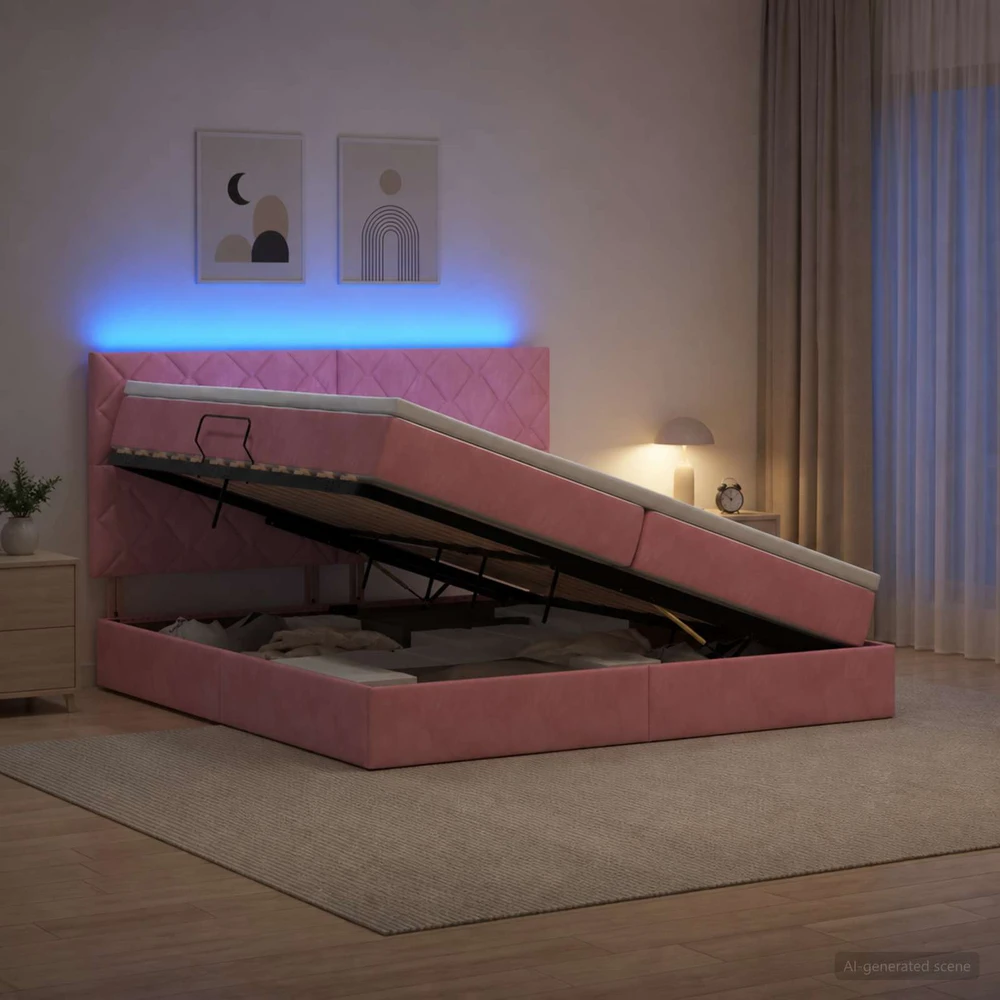 LED saugojimo lova su čiužiniu Rožinė 200 x 200 cm Aksomas