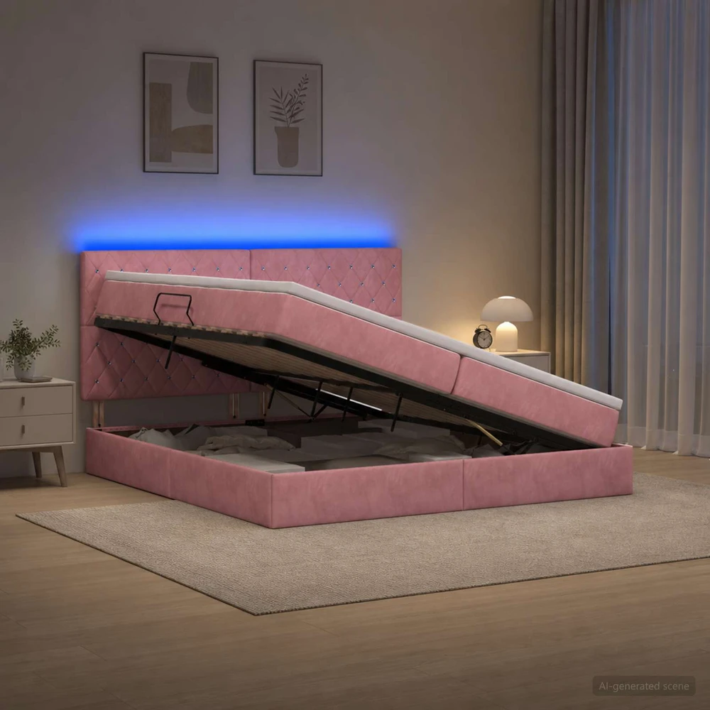 LED saugojimo lova su čiužiniu Rožinė 200 x 200 cm Aksomas