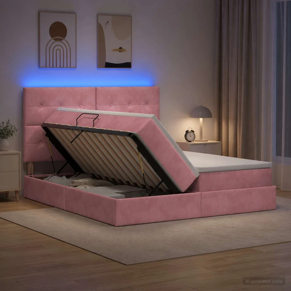 LED saugojimo lova su čiužiniu Rožinė 200 x 200 cm Aksomas