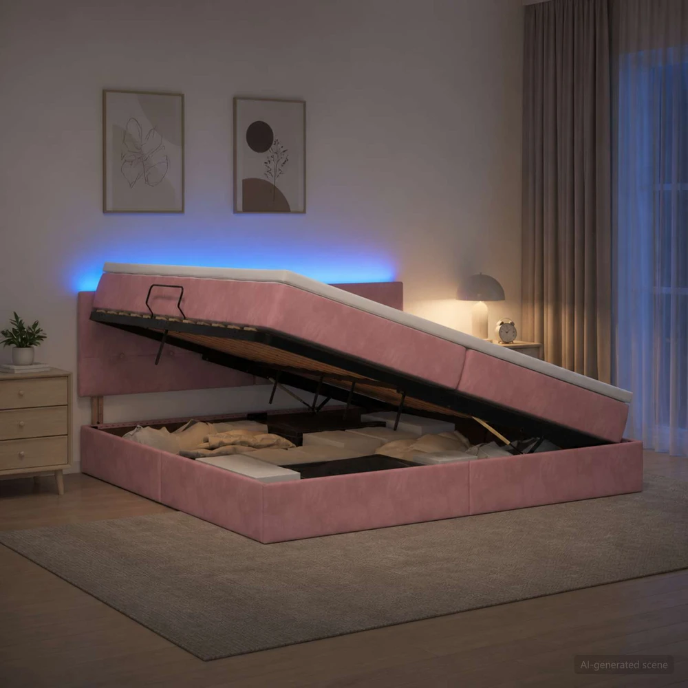 LED saugojimo lova su čiužiniu Rožinė 200 x 200 cm Aksomas