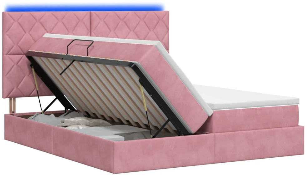 LED saugojimo lova su čiužiniu Rožinė 200 x 200 cm Aksomas