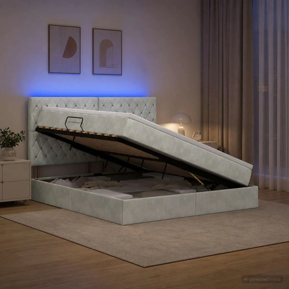 LED saugojimo lova su čiužiniu Šviesiai pilka 160 x 200 cm
