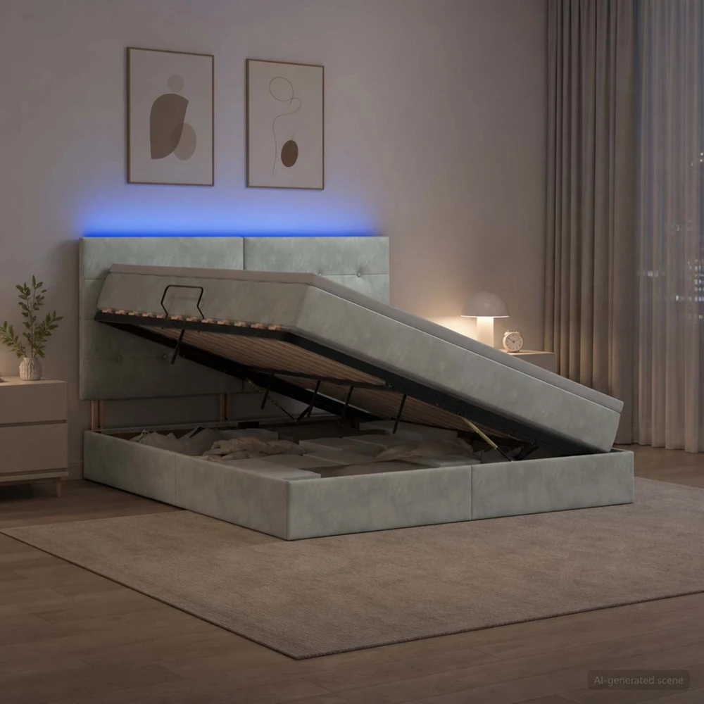 LED saugojimo lova su čiužiniu Šviesiai pilka 140 x 190 cm