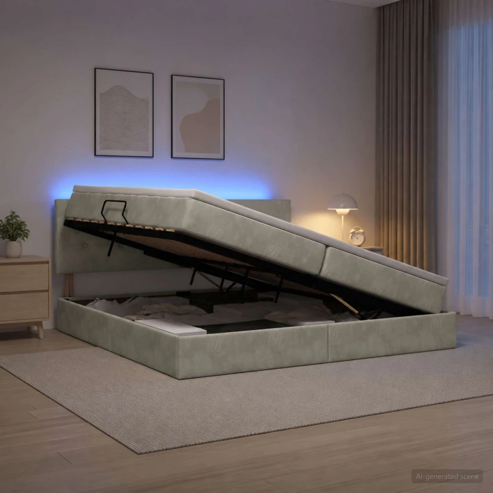 LED saugojimo lova su čiužiniu Šviesiai pilka 200 x 200 cm