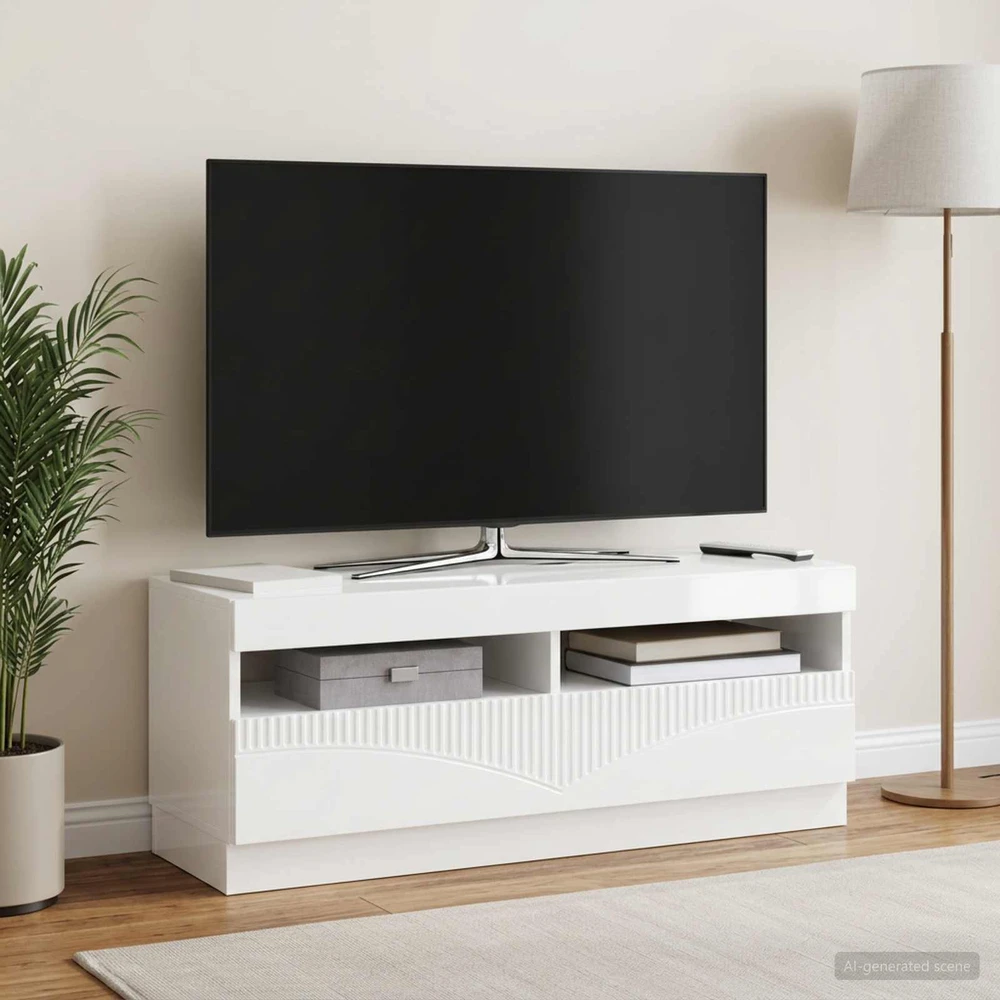 TV staliukas LED televizoriaus spintelė Itin blizgi balta Apdirbta mediena