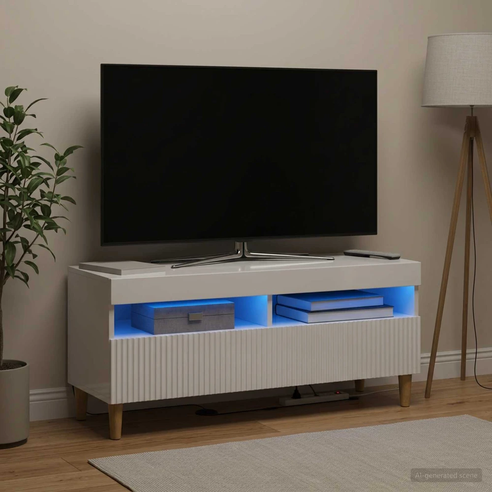 TV staliukas LED televizoriaus spintelė Itin blizgi balta Apdirbta mediena