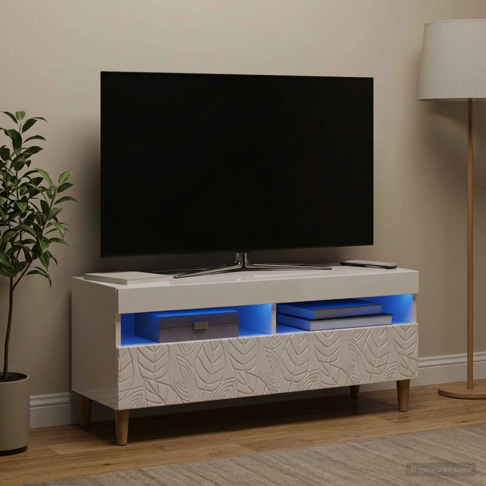 TV staliukas LED televizoriaus spintelė Itin blizgi balta Apdirbta mediena
