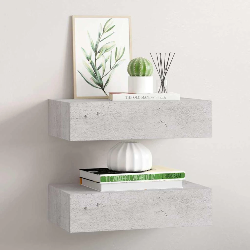 Lentynos su stalčiais, 2vnt., betono pilkos, 40x23,5x10cm, MDF