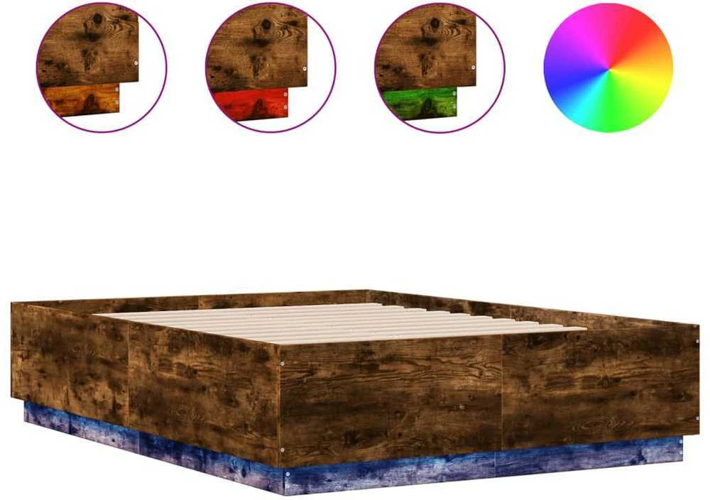 Lova Lovos rėmas su LED, dūminio ąžuolo, 135x190cm, apdirbta mediena