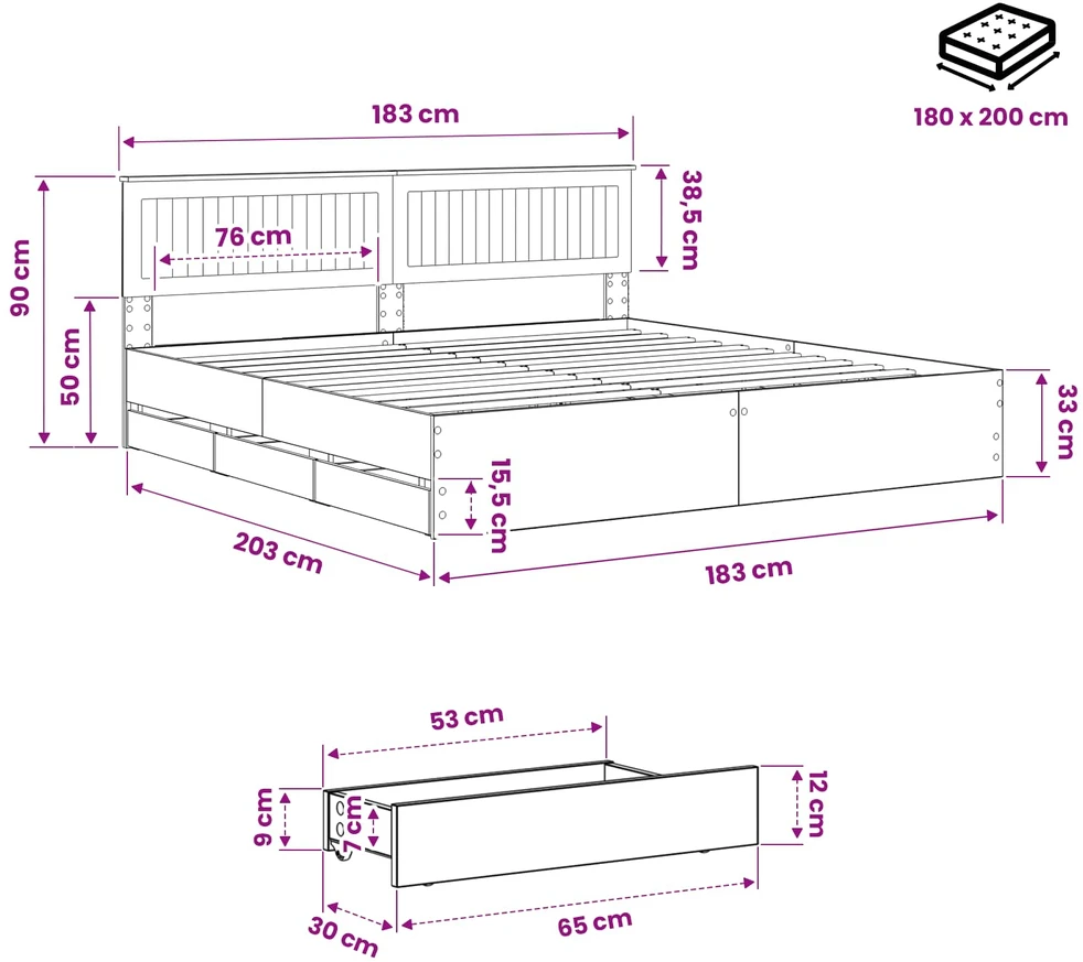 Lova Bed Frame with Storage and Headboard Artisan Oak 180 x 200 cm