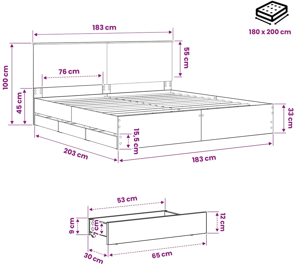 Lova Bed Frame with Storage and Headboard Artisan Oak 180 x 200 cm