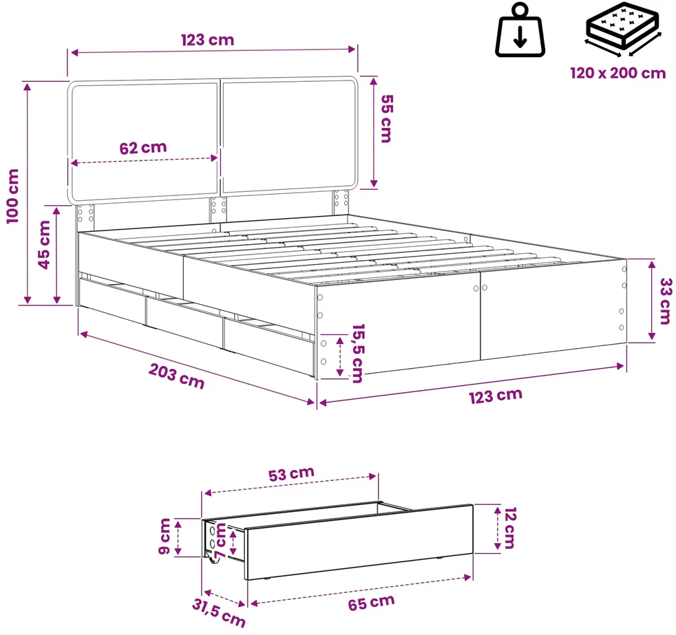 Lova Bed Frame with Storage and Headboard Artisan Oak 120 x 200 cm