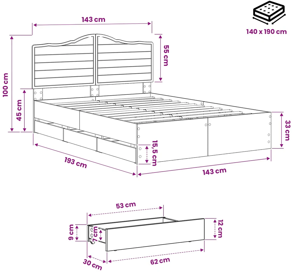 Lova Bed Frame with Storage and Headboard Artisan Oak 140 x 190 cm