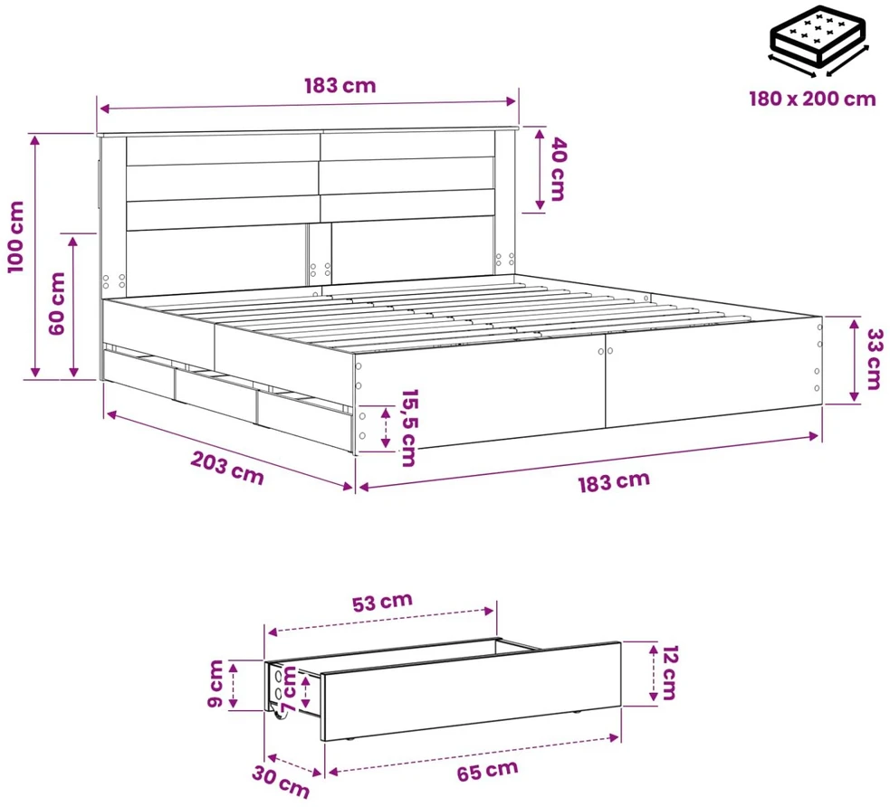 Lova Bed Frame with Storage and Headboard Artisan Oak 180 x 200 cm