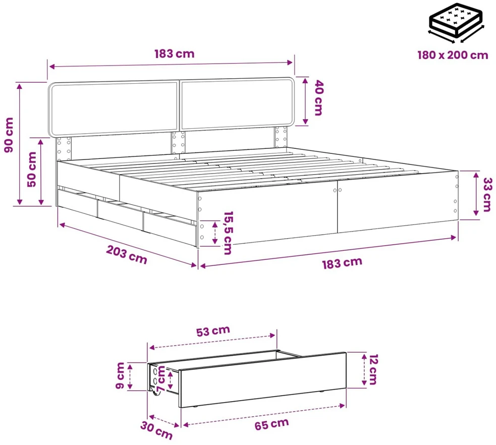 Lova Bed Frame with Storage and Headboard Artisan Oak 180 x 200 cm