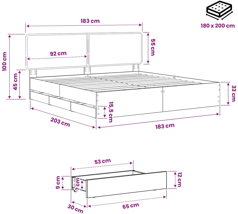Lova Bed Frame with Storage and Headboard Artisan Oak 180 x 200 cm