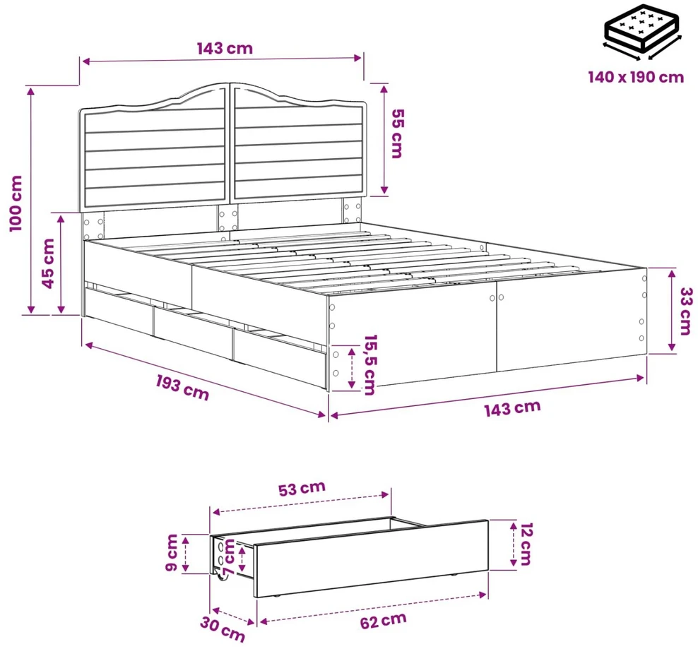 Lova Bed Frame with Storage and Headboard Artisan Oak 140 x 190 cm