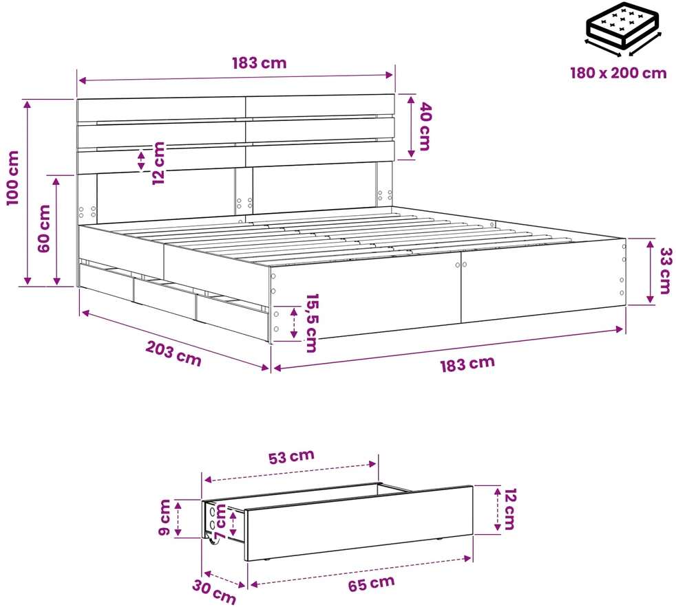 Lova Bed Frame with Storage and Headboard Artisan Oak 180 x 200 cm