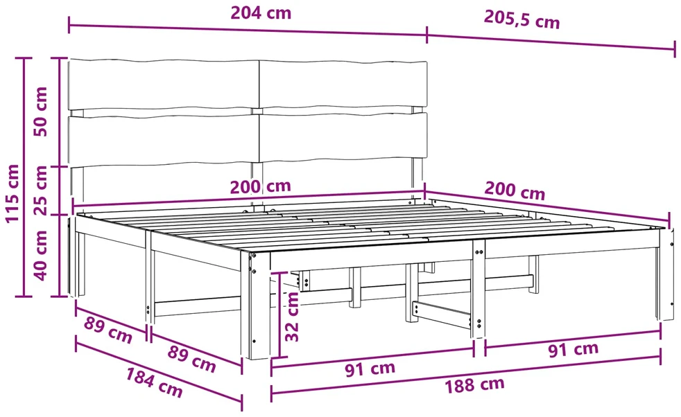 Lova Dviejų lovų rėmas su galvūgaliu ROSTOCK Balta 200 x 200 cm