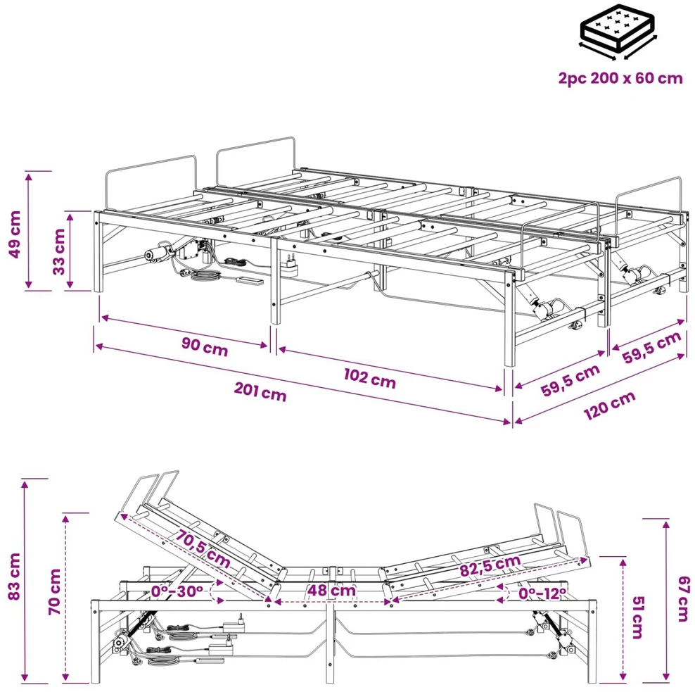 Lova Elektrinis reguliuojamas lovos rėmas Juoda 120 x 200 cm Plienas
