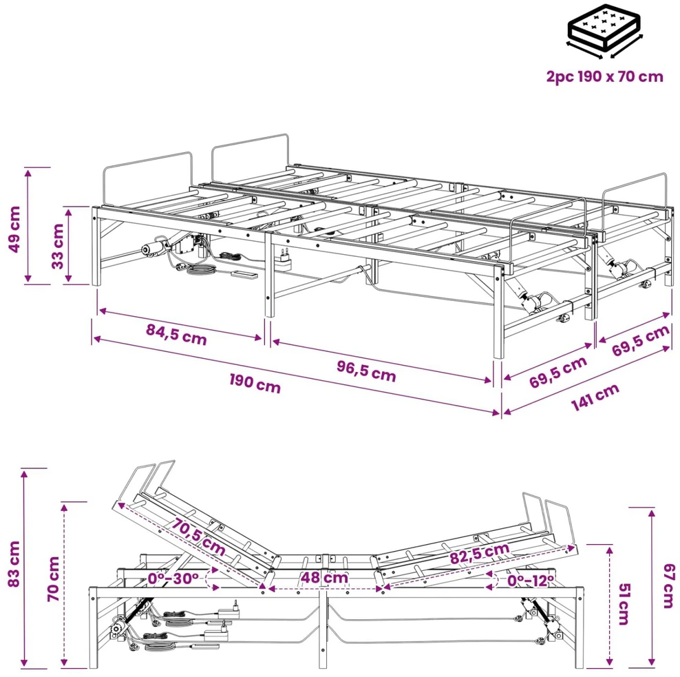 Lova Elektrinis reguliuojamas lovos rėmas Juoda 140 x 190 cm Plienas