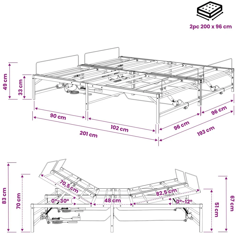 Lova Elektrinis reguliuojamas lovos rėmas Juoda 96 x 200 cm Plienas