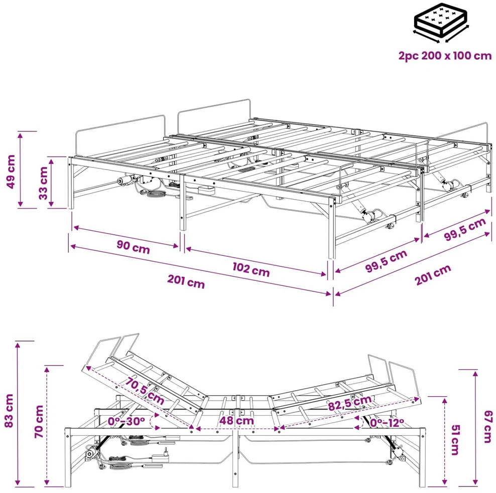 Lova Elektrinis reguliuojamas lovos rėmas Juoda 200 x 200 cm Plienas