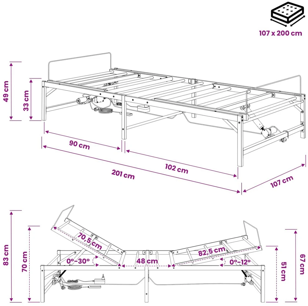 Lova Elektrinis reguliuojamas lovos rėmas Balta 107 x 200 cm Plienas