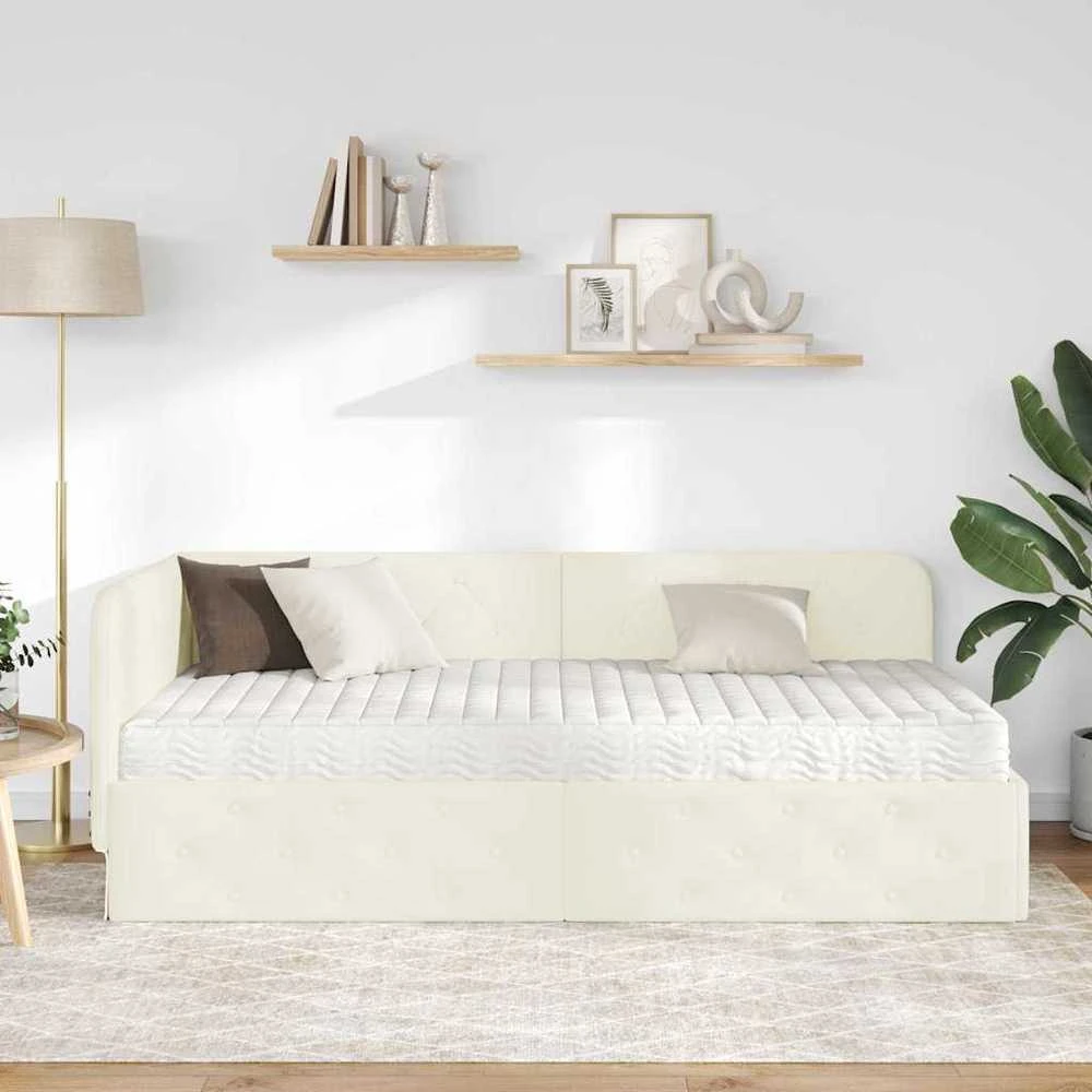 Lova Kampinė lovos konstrukcija Kreminė 90 x 200 cm Aksomas