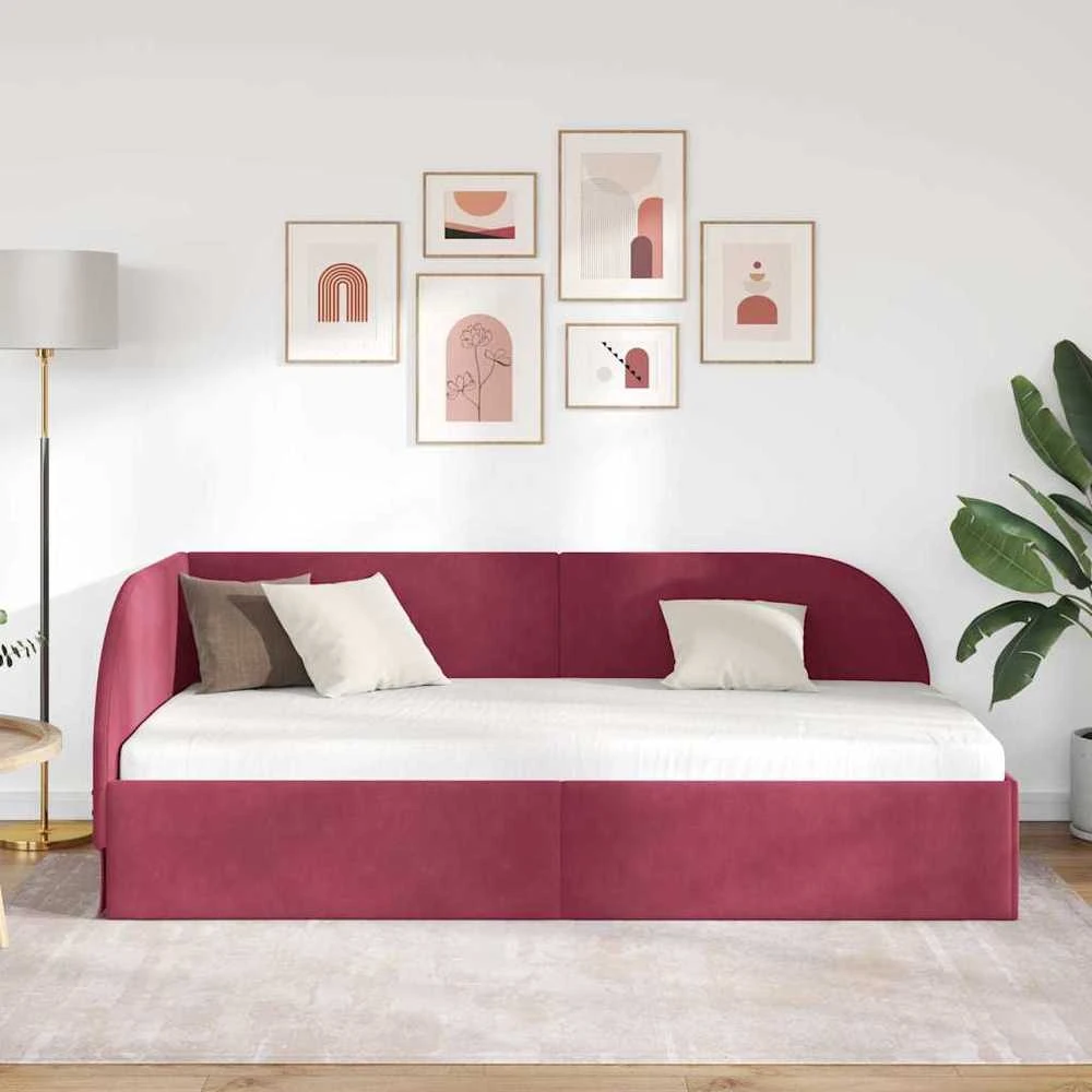 Lova Kampinė lovos konstrukcija Vyno raudona 90 cm x 190 cm Aksomas