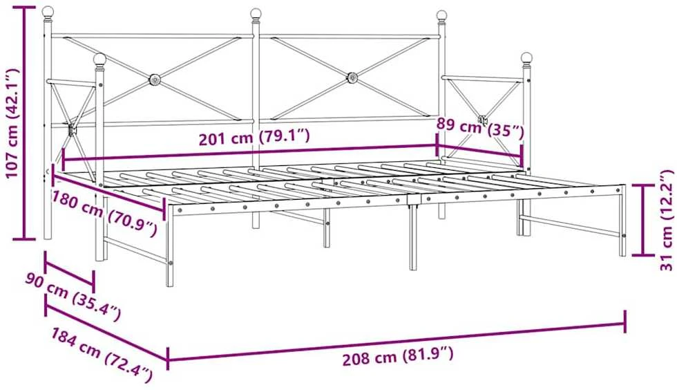 kušetė su kušete be čiužinio Juodas 90x200 cm Plienas
