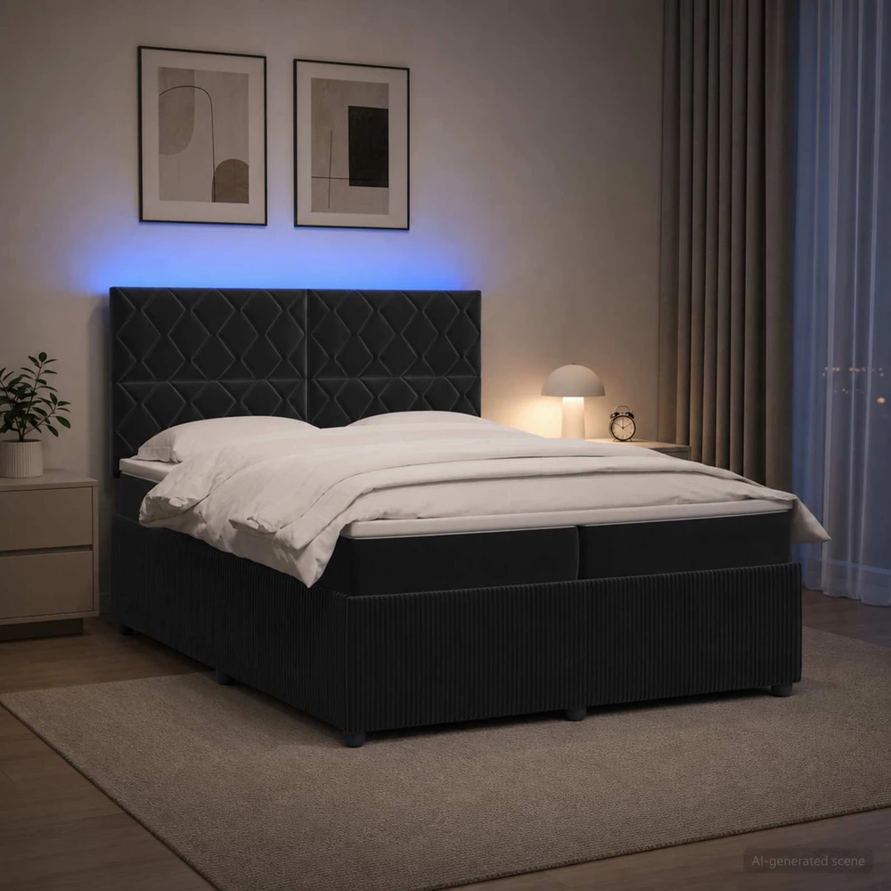 Lova LED lovos čiužinys su LED apšvietimu Juoda 200 x 200 cm Aksomas