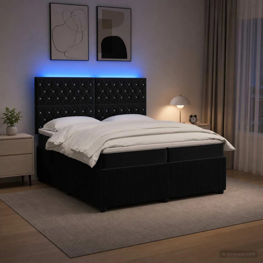 Lova LED lovos čiužinys su LED apšvietimu Juoda 200 x 200 cm Aksomas