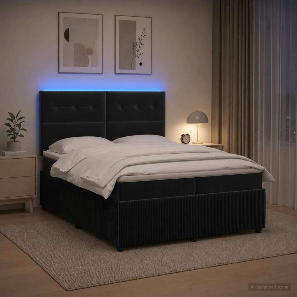 Lova LED lovos čiužinys su LED apšvietimu Juoda 200 x 200 cm Aksomas