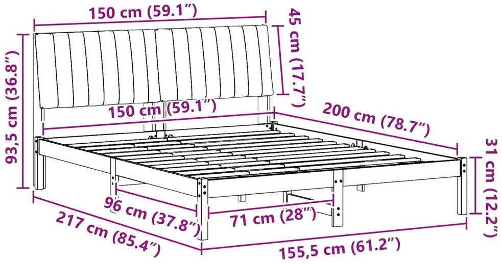 Lovos rėmas Balta 150 x 200 cm Kietos pušies mediena