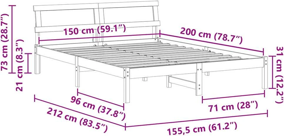 Lovos rėmas Balta 150 x 200 cm Kietos pušies mediena