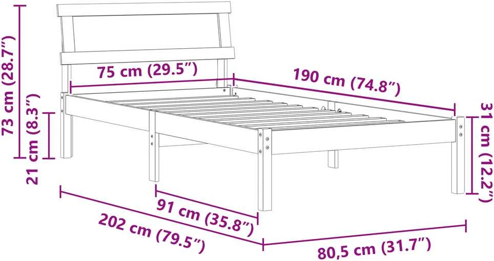 Lova Lovos rėmas Balta 75 x 190 cm Kietos pušies mediena