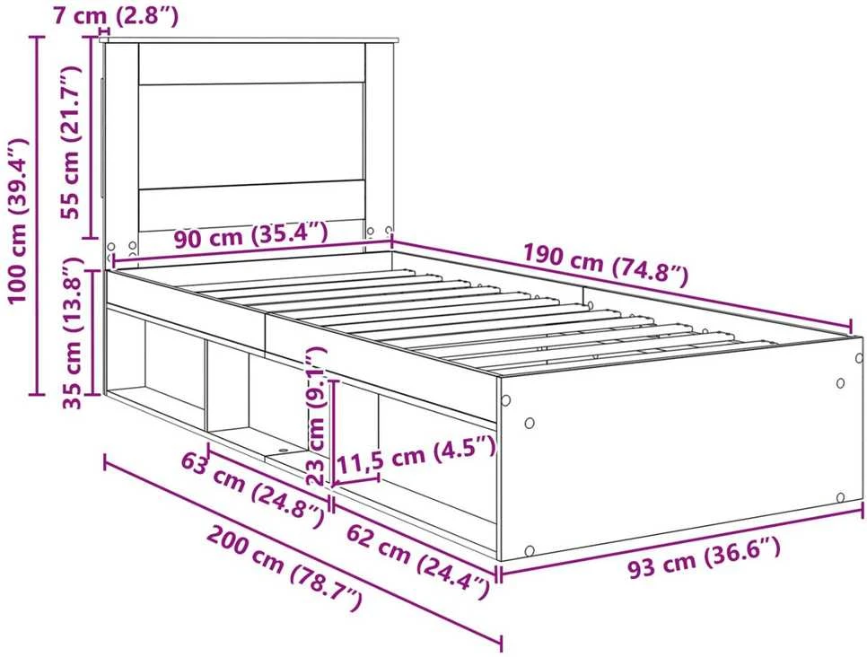 Lova Lovos rėmas Betono pilka 90 x 190 cm Kietos pušies mediena
