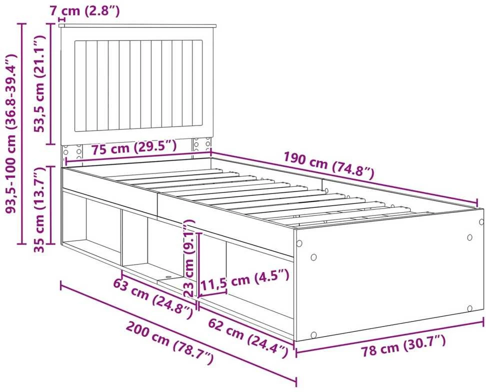 Lova Lovos rėmas Juoda 75 x 190 cm Kietos pušies mediena