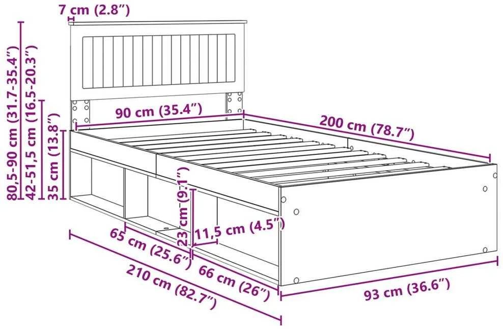 Lova Lovos rėmas Pilkas Sonoma 90 x 200 cm Kietos pušies mediena