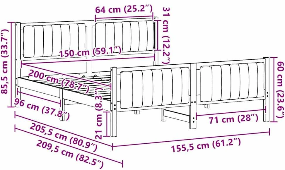 Lovos rėmas ruda ir tamsiai pilka 150 x 200 cm Pušies masyvas