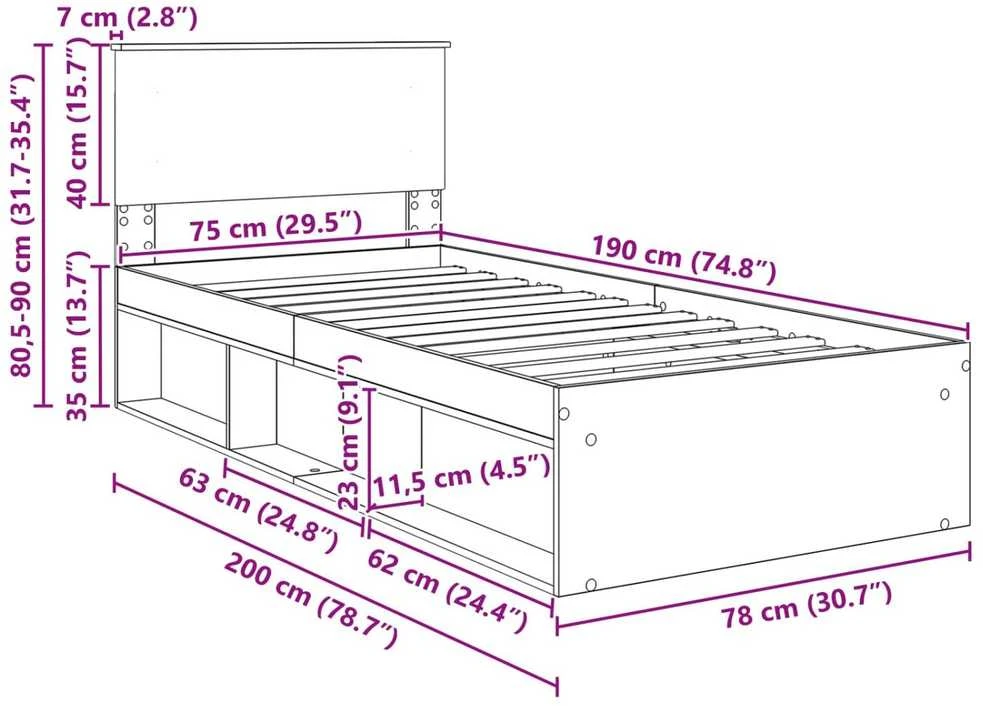 Lova Lovos rėmas Rudas ąžuolas 75 x 190 cm Apdirbta mediena