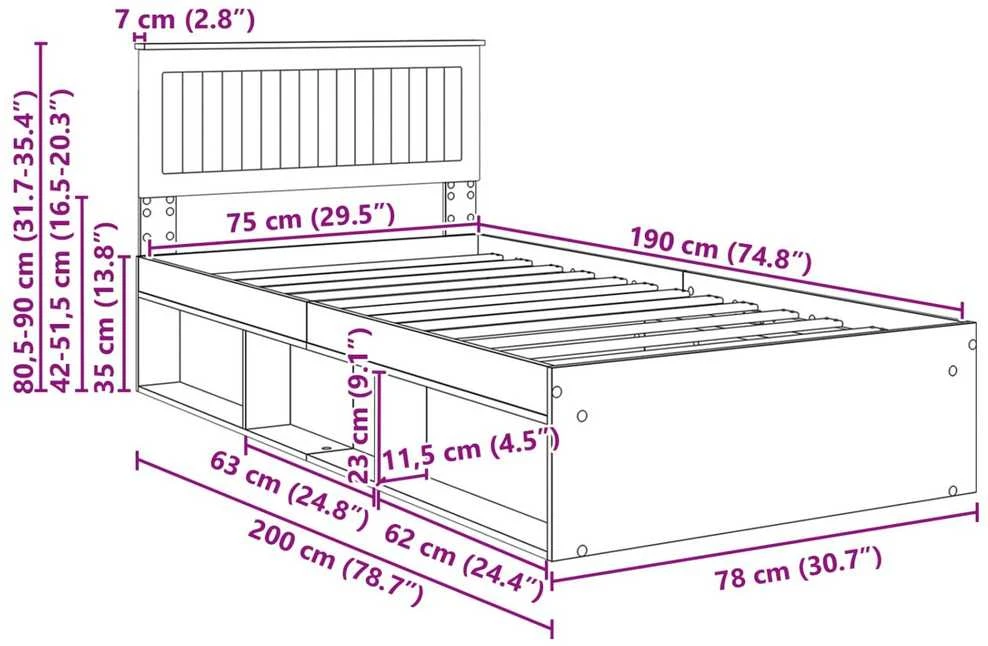 Lova Lovos rėmas Rūkyta ąžuolas 75 x 190 cm Kietos pušies mediena