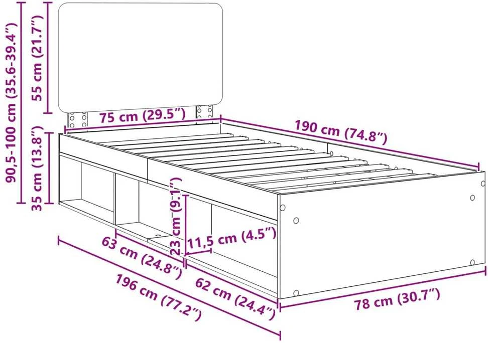 Lova Lovos rėmas Sonoma ąžuolas 75 x 190 cm Kietos pušies mediena