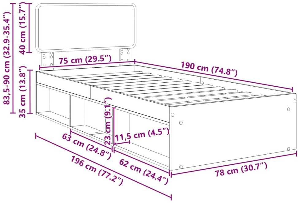 Lova Lovos rėmas Sonoma ąžuolas 75 x 190 cm Kietos pušies mediena